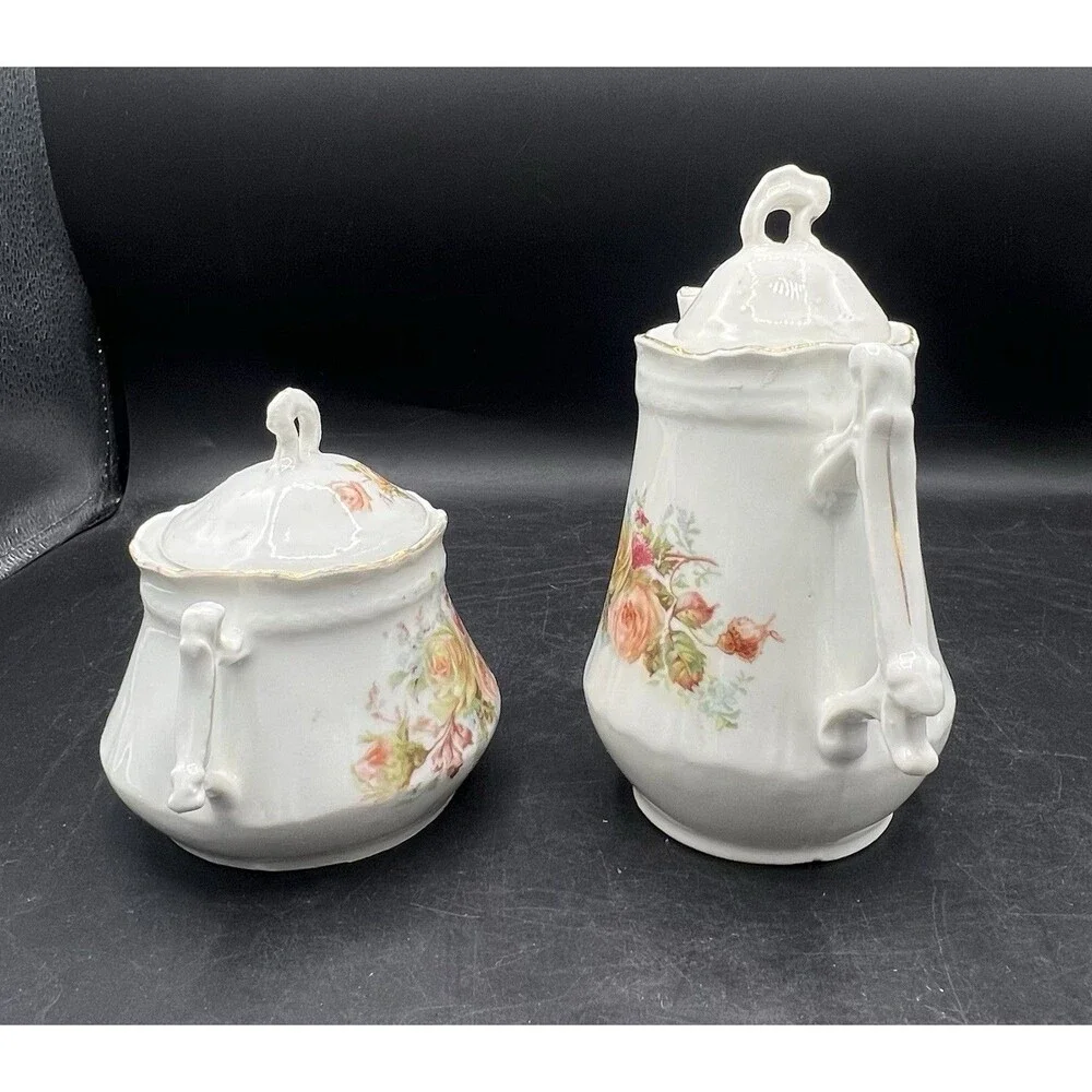 Vintage Porcelain Teapot Sugar Bowl Set Pink Yellow Rose Floral Gold Trim Lids